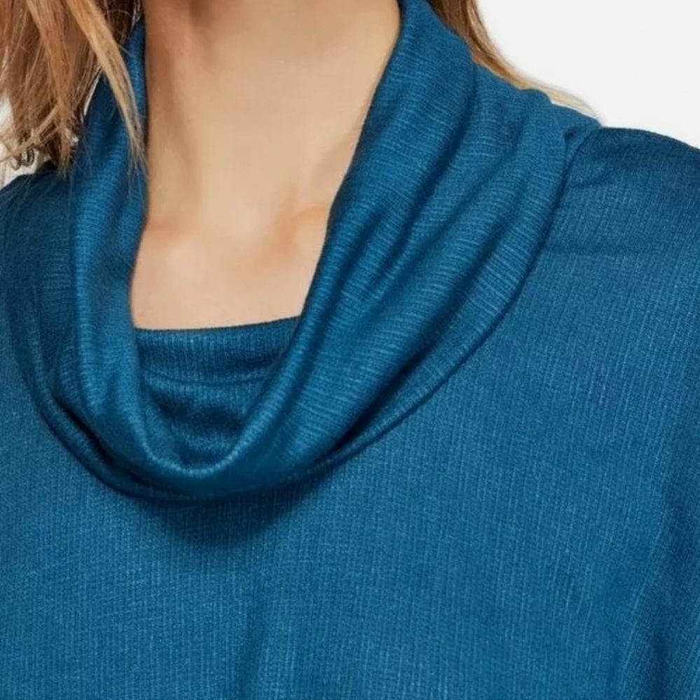 Free People Sundown Cowl blue neck ruched midi sneath dress long sleeves Large - Picture 4 of 13